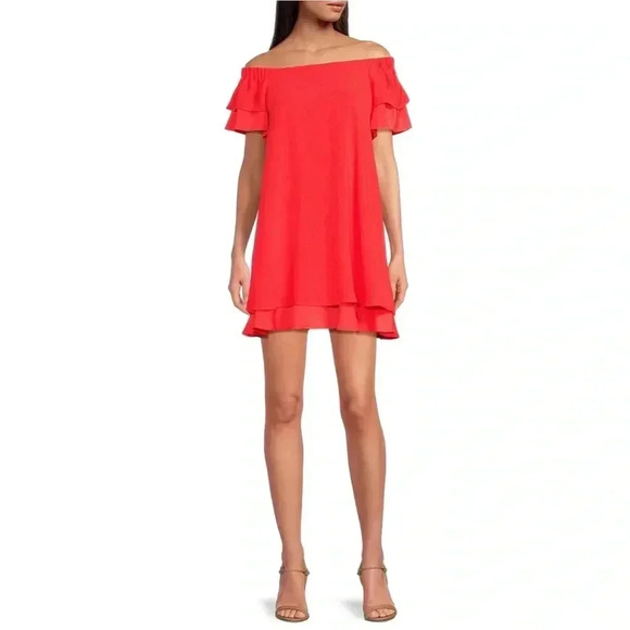 Trina Turk orange red Piper Off-Shoulder roomy Ruffle Mini Dress size XS - Picture 1 of 12